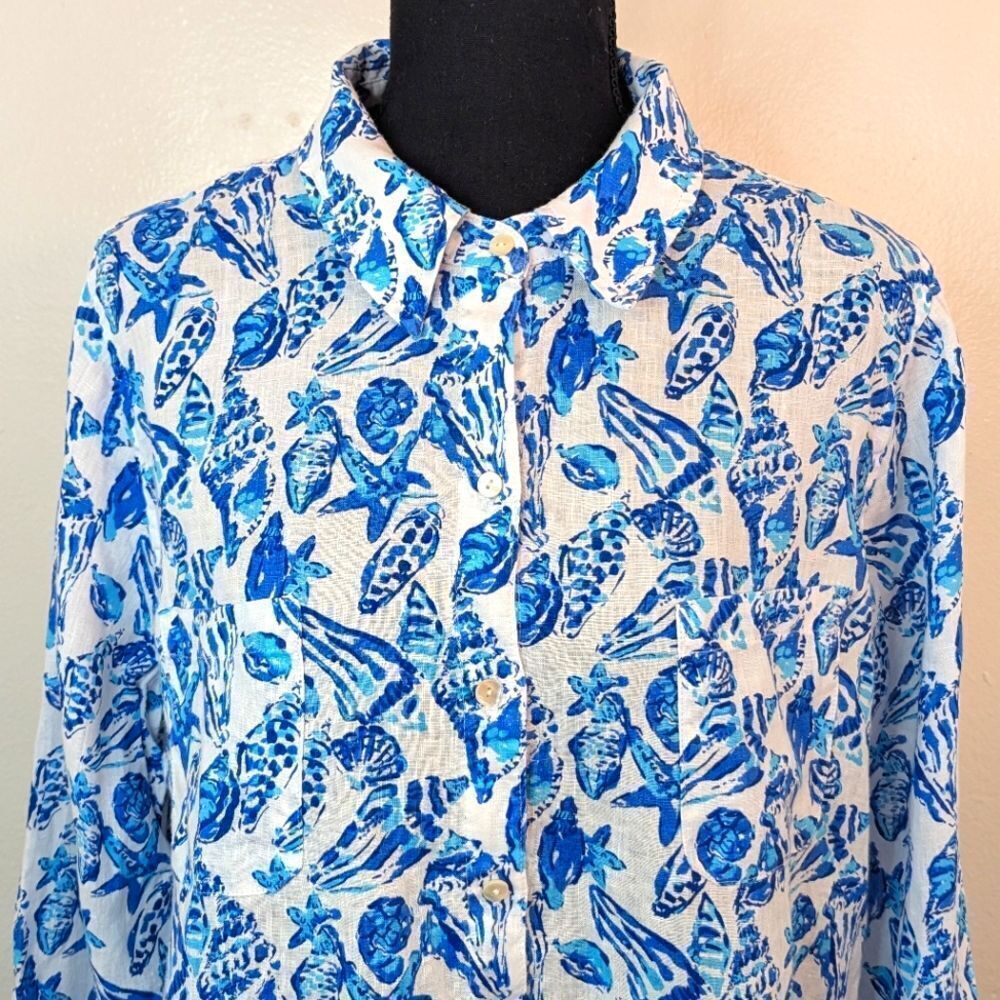 Lilly Pulitzer Resort Shell Coastal Cowgirl Beachy Chic Tropical Linen Top L - Picture 4 of 10